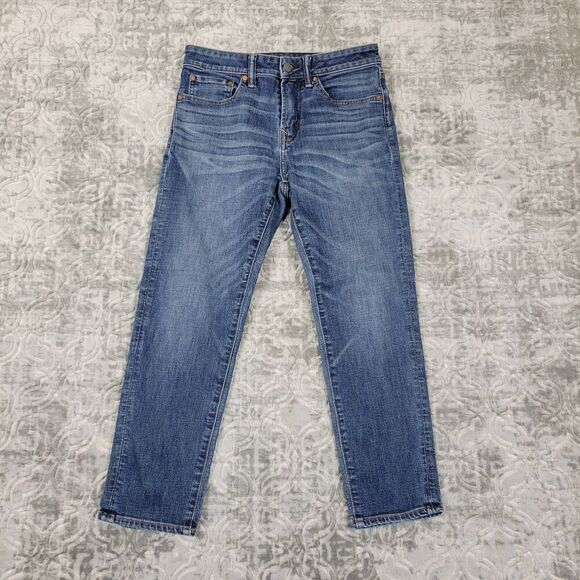 American Eagle Jeans Mens 28x28 Meas 30x25 Blue Denim Bootcut Modern Distressed - Picture 1 of 13